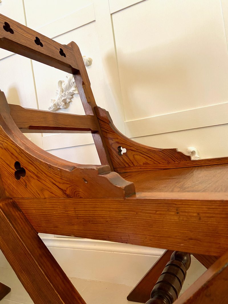 Unusual Antique Set of Twelve Gothic Pitch Pine Dining Chairs - Image 8